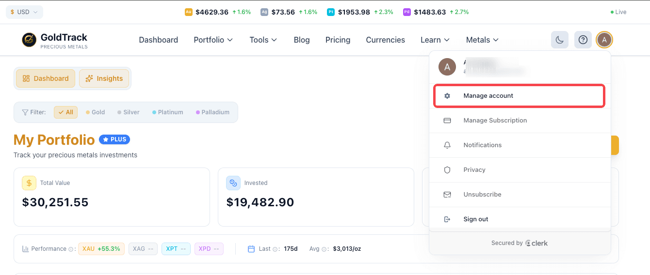 Desktop navigation with Manage account highlighted