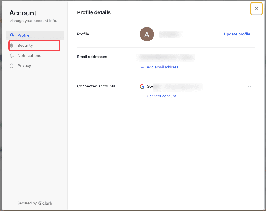 Desktop Account Profile with Security highlighted