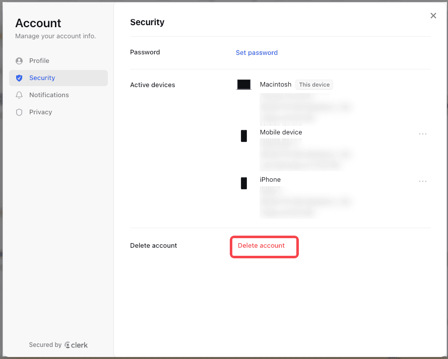 Desktop Security tab with Delete account highlighted