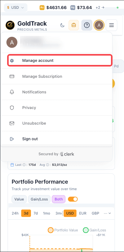 Mobile menu showing Manage account highlighted