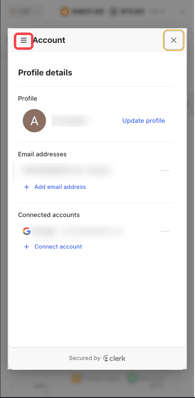 Mobile Account Profile screen with hamburger menu highlighted