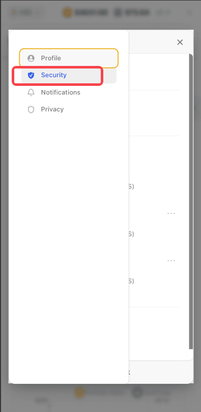 Mobile sub-navigation with Security highlighted
