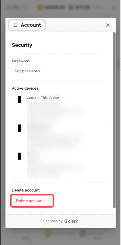 Mobile Security tab with Delete account highlighted